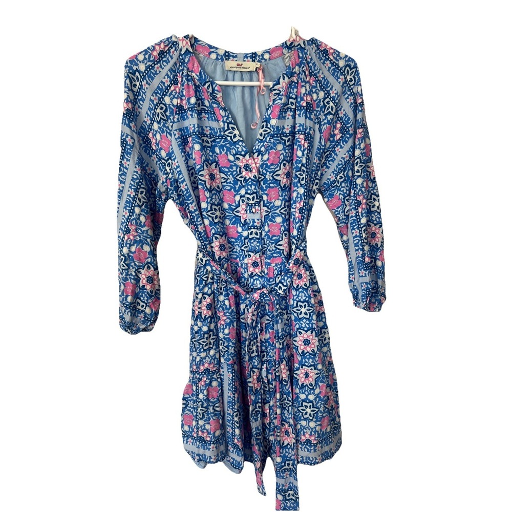 Vineyard Vines Dress Womens Size XSmall Blue Coastal Blooms Floral Print Belted